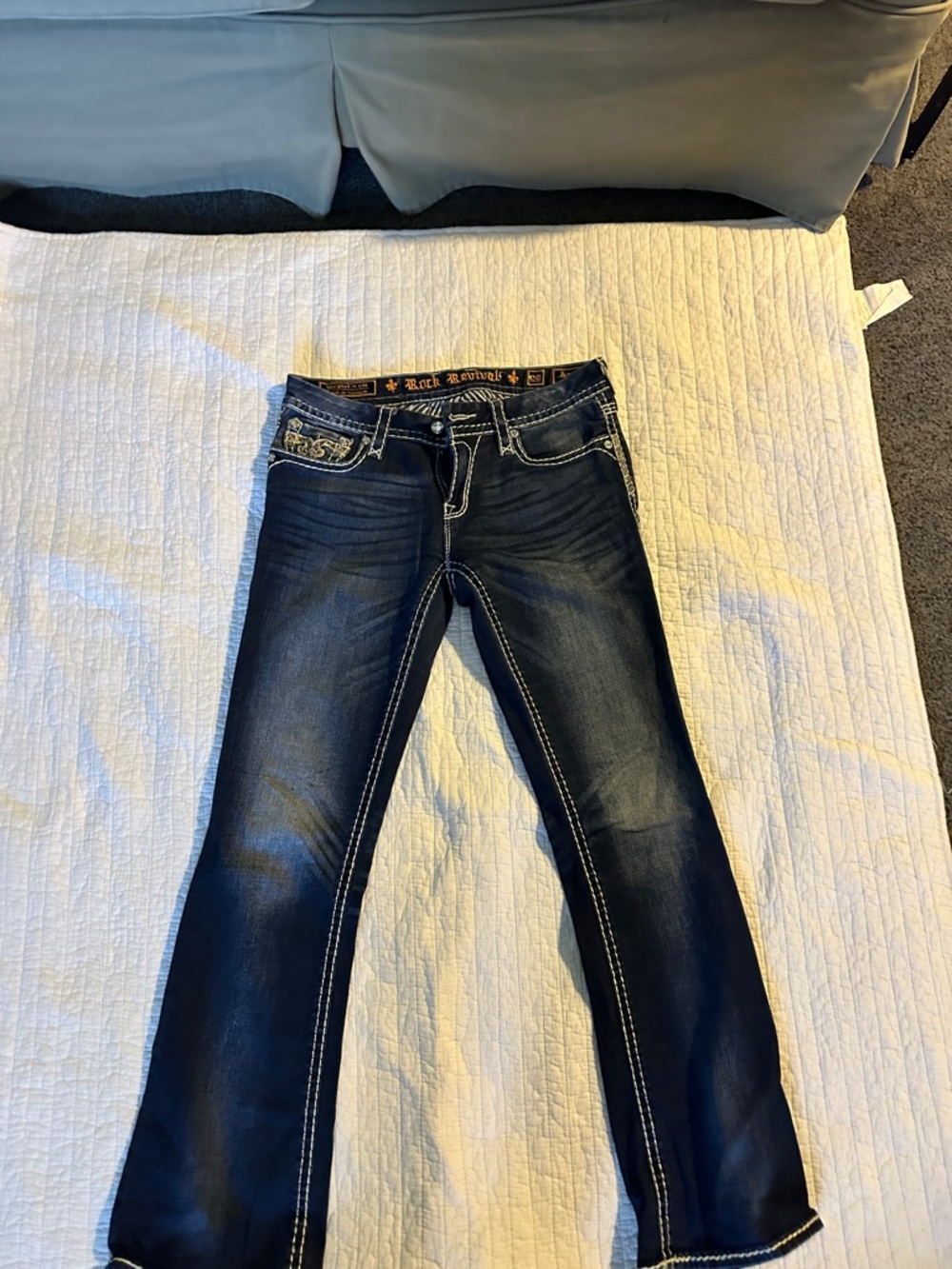 Rock Revival Women's Dark Blue Bootcut Jeans with White Contrast Stitching